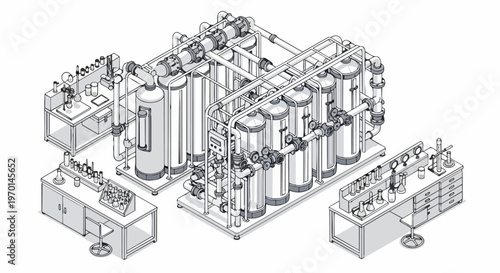 Isometric Line Art of Industrial Chemical Processing Plant and Laboratory Equipment for Scientific Research and Engineering