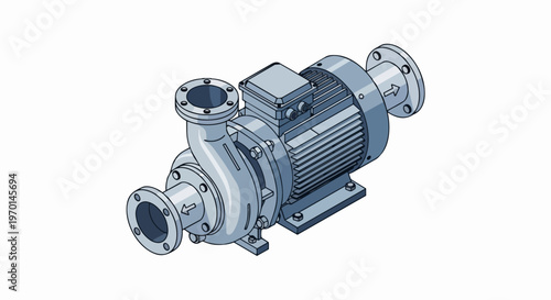 Industrial Centrifugal Water Pump with Electric Motor - Isometric Vector Illustration of Engineering Equipment for Fluid Systems Isolated on White Background