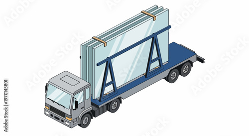Isometric Illustration of a Flatbed Truck Transporting Large Glass Panes on an A-Frame Rack for Logistics and Construction Delivery