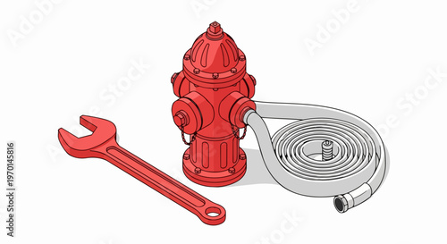 Isometric Illustration of a Red Fire Hydrant with a Coiled Hose and Hydrant Wrench. High-quality vector art for emergency services and fire safety maintenance concepts.
