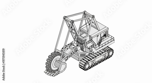 Isometric Technical Drawing of a Heavy Duty Bucket Wheel Excavator for Industrial Mining