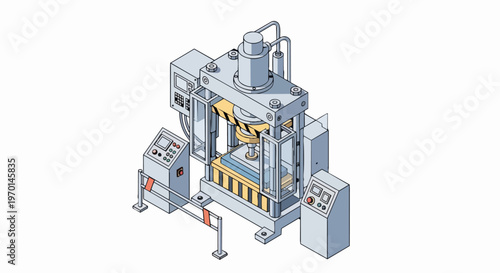 Isometric Illustration of an Industrial Hydraulic Press Machine for Metal Manufacturing and Stamping