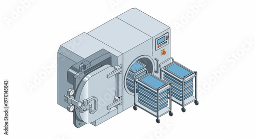 Industrial Autoclave Sterilizer Machine for Medical and Pharmaceutical Use, Isometric Illustration of Large Scale Pressure Sterilization Chamber with Loading Carts