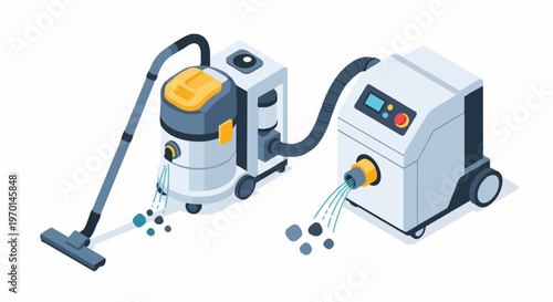 Isometric 3D Industrial Vacuum Cleaner and Dust Extraction System for Professional Construction and Workshop Cleaning, Isolated on White Background
