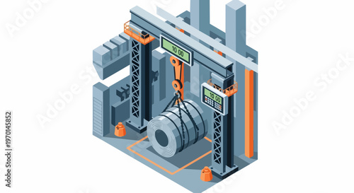 Isometric Industrial Manufacturing Illustration of Heavy Duty Crane Lifting a Metal Coil in a Smart Factory Environment