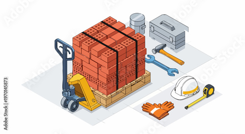 Isometric Construction Tools and Building Materials Set with Bricks, Pallet Jack, and Safety Gear