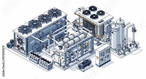 Isometric Industrial Chiller System Illustration with Cooling Towers, Pipelines, and HVAC Components for Engineering and Manufacturing
