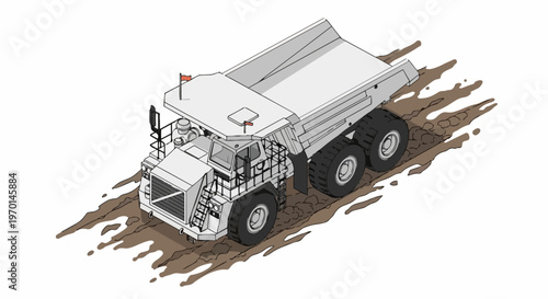Isometric Illustration of a Large Mining Haul Truck on a Muddy Track. Heavy Industry Dumper Vehicle Technical Drawing on White Background.