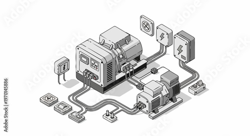 Isometric Industrial Power Generator and Electrical Infrastructure Illustration; Technical Line Art of Electricity Distribution, Control Panels, and Machinery System