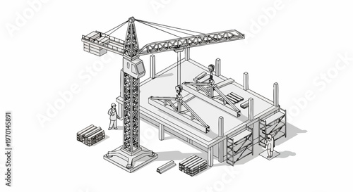 Isometric Construction Site Line Art with Tower Crane, Building Structure, and Workers. Minimalist Architectural Engineering Outline Illustration on White Background.