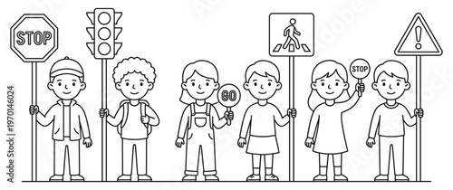 Children holding road safety signs and traffic light learning rules.