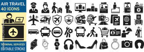 40 Air Travel Icons Set – Airport, Terminal Services & Transportation Line Icons, Editable Stroke