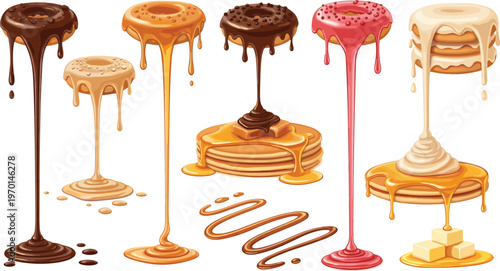 Sweet caramel and chocolate dripping dessert collection with syrup glaze pours, glossy liquid candy topping vector set isolated on white background