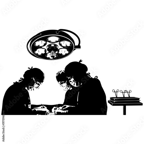 Surgeons in scrubs operating on a patient isolated on transparent background, Vector