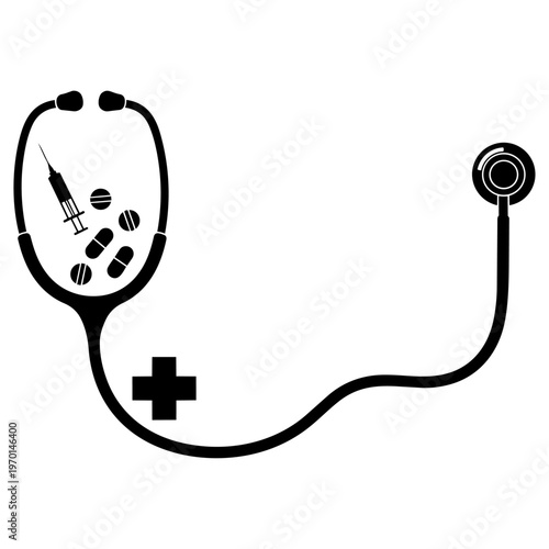 Medical stethoscope with syringe and pills illustration isolated on transparent background, Vector