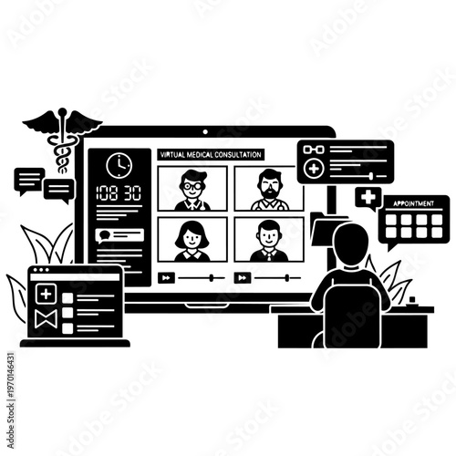 Online medical consultation with doctor on computer screen isolated on transparent background, Vector