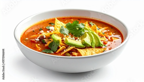 spicy mexican hot tomato tortilla soup with fresh green avocado