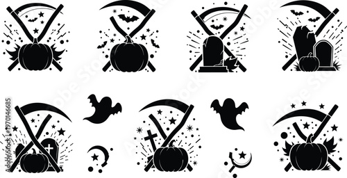 Halloween graveyard silhouettes set with tombstones pumpkins ghosts bats spooky night scenes and horror illustration collection