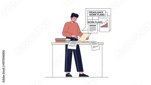 Freelancer planning work, organizing documents, and analyzing charts at desk