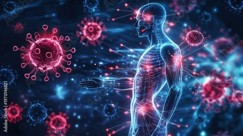 Medical illustration showing autoimmune system attacking healthy organs in lupus disease, antibodies and white blood cells visualized as 3D microscopic elements