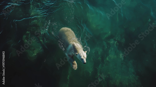 Aerial View of a Polar Bear Swimming Through Bright Blue Melting Arctic Sea Ice