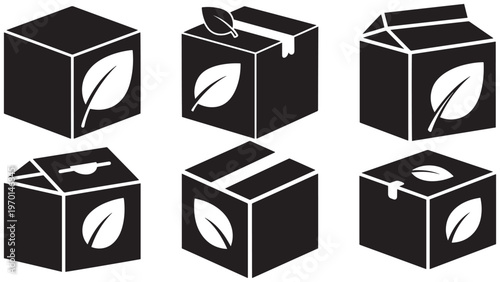 Minimalist black-and-white vector icons of biodegradable packaging boxes with a leaf symbol, representing eco-friendly, organic, and sustainable product concepts.