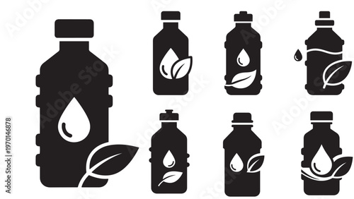 Collection of minimalist black silhouette vector icons depicting water bottles with natural elements like droplets and leaves, symbolizing hydration, eco-friendliness, and healthy living.