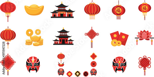 Set of Chinese New Year Icons, Featuring Lanterns, Gold Coins, Red Envelopes, Pagodas, and Traditional Symbols