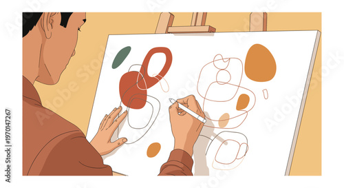 Adult artist painting still life with apple on canvas in warm colorful lighting for art education