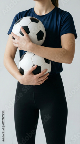 Minimalist close-up of a young woman's torso holding two classic black and white soccer balls over her chest, creative sports concept for fitness and female empowerment on a light background