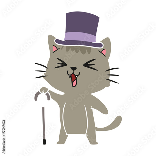 A cheerful grey cartoon cat wearing a stylish top hat and holding a walking cane