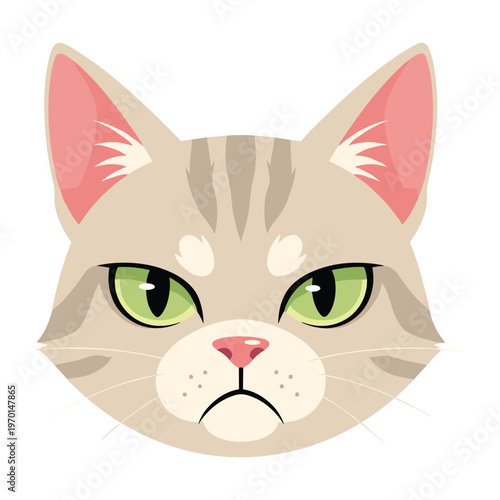 Pixel art illustration of a grumpy grey tabby cat face with green eyes on white background