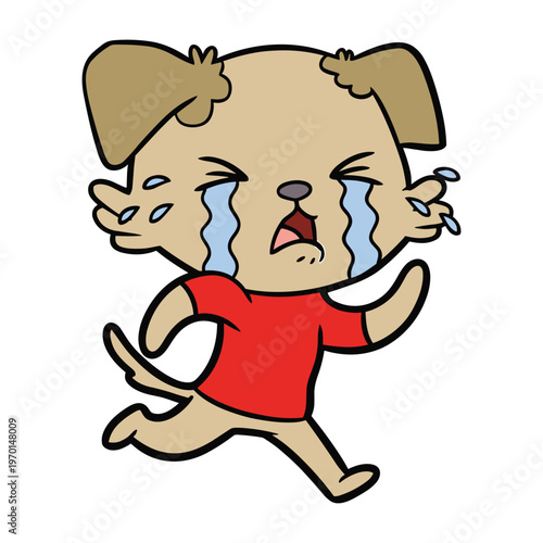 A cartoon of a sad green dog wearing a red t-shirt running away while crying big blue tears.