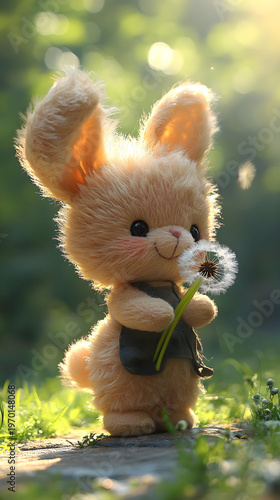 Cute fluffy bunny holds a dandelion in a sun-drenched meadow during a beautiful spring day.