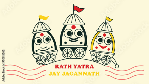 Happy Rath Yatra Banner with Lord Jagannath, Balabhadra and Subhadra on Chariots – Indian Festival Vector Illustration”