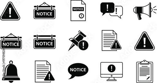 Vector set of notice, alert, warning, notification icons including megaphone, bell, speech bubble, clipboard, exclamation mark, signage, digital interface