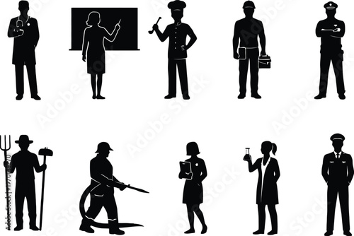 Professions and Occupation Flat Silhouette Vector Set