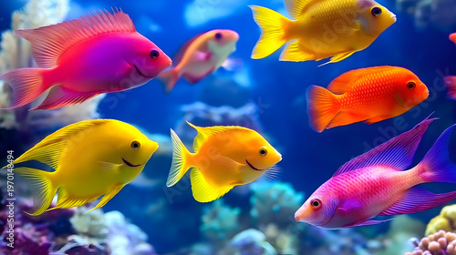 Vibrant School of Tropical Reef Fish Swimming in a Bright Blue Aquarium