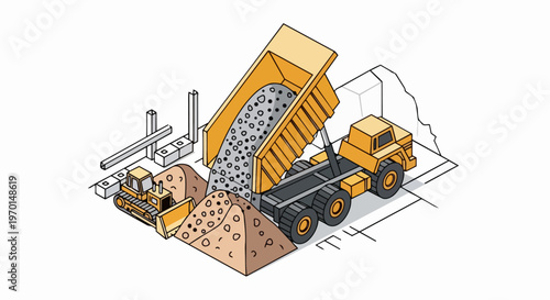 Isometric Construction Site Vector Illustration with Yellow Dump Truck Unloading Gravel and Bulldozer Working on Site