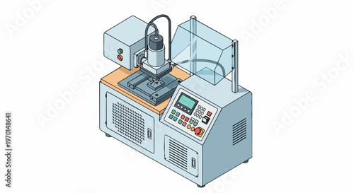 Industrial Isometric CNC Laser Engraving and Cutting Machine Illustration. Professional 3D technical vector concept for modern manufacturing and precision engineering.