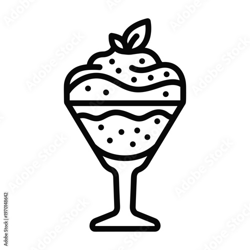 Minimalist black and white line art icon of a delicious ice cream sundae or parfait dessert.