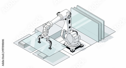 Isometric Industrial Robotic Arm Handling Glass Pane on Automated Factory Production Line Illustration