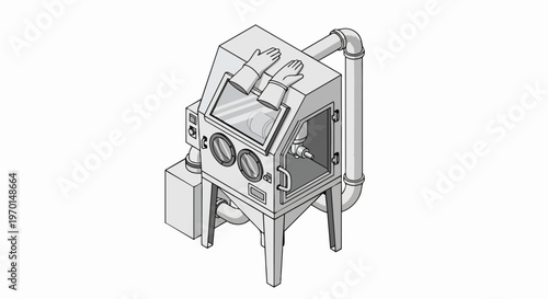 Isometric Line Art Illustration of an Industrial Sandblasting Cabinet with Gloves, Abrasive Blasting Equipment for Surface Preparation and Cleaning.