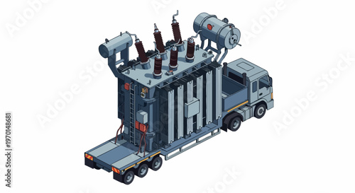 Isometric Illustration of Heavy-Duty Truck Transporting Large Electrical Power Transformer on Flatbed Trailer