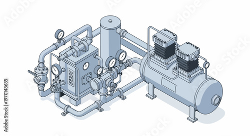Isometric Industrial Air Compressor and Pumping System Technical Illustration with Pipes and Gauges