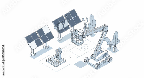 Solar Panel Maintenance and Smart Energy Infrastructure Isometric Illustration with Cherry Picker and Technical Monitoring Equipment