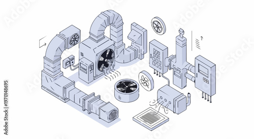 Isometric HVAC System Illustration with Air Ducts, Industrial Fans, and Ventilation Equipment for Cooling and Heating Infrastructure
