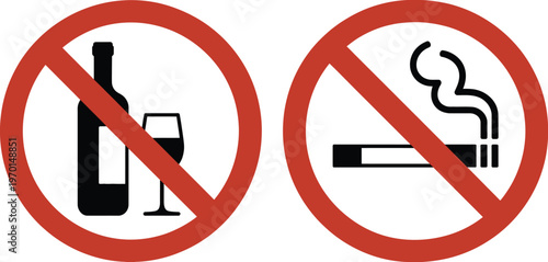 No alcohol no smoking prohibition signs health safety rules restricted behavior flat vector illustration design