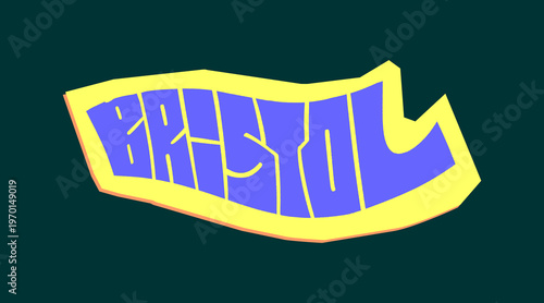 Bristol City Name Written in Bold Graffiti Tag Sticker Style with Vibrant Blue and Purple Block Lettering for Urban Streetwear and Souvenir Design