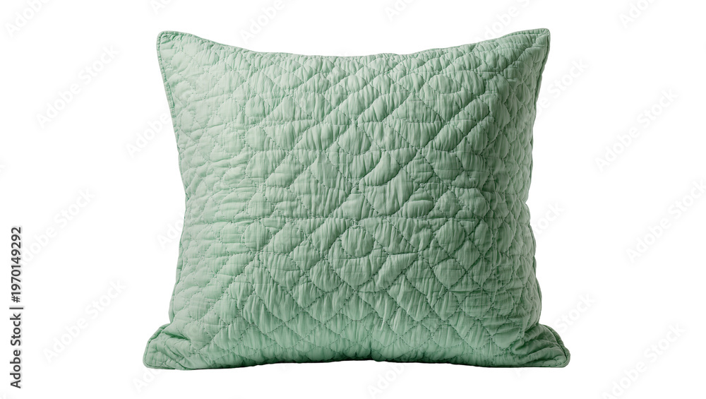 Fototapeta premium Soft quilted square pillow, displaying subtle green hue and stitched diamond pattern